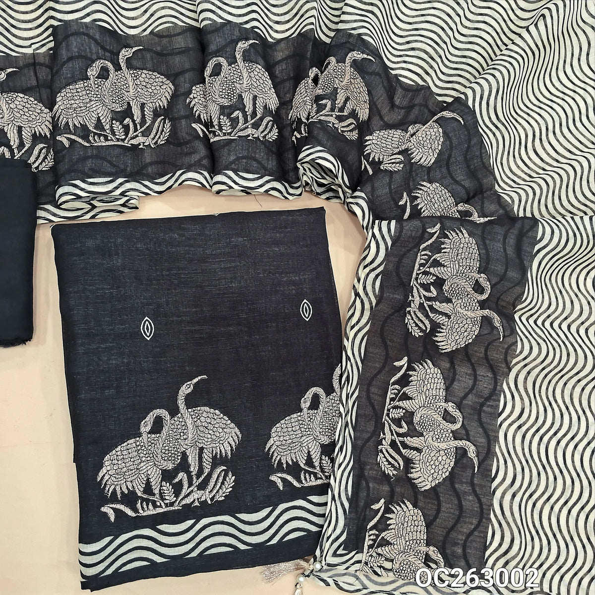 Black designer premium linen unstitched salwar material, zari embroidery work on daman, digital prints on front(Thin, Textured, Lining Needed)matching santoon bottom, abstract printed linen dupatta with zari embroidery. OC263002