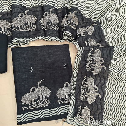 Black designer premium linen unstitched salwar material, zari embroidery work on daman, digital prints on front(Thin, Textured, Lining Needed)matching santoon bottom, abstract printed linen dupatta with zari embroidery. OC263002