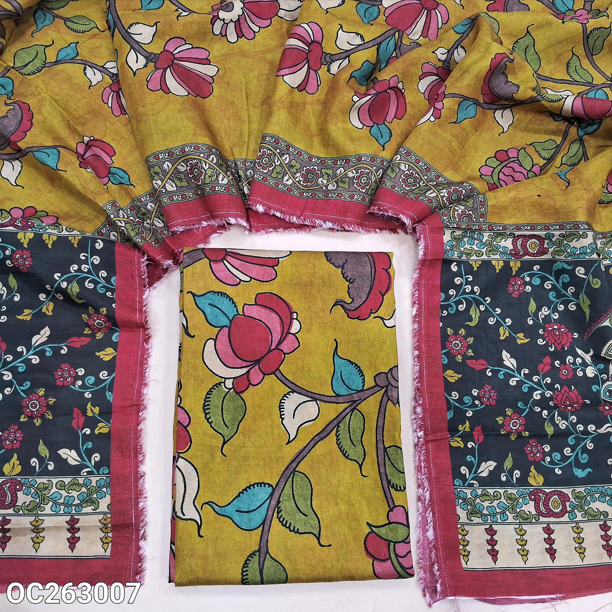 Mehandhi yellow floral printed pure dola silk unstitched salwar material,(shiny,lining needed)NO BOTTOM, printed pure dola silk dupatta with rich pallu(TAPPING NEEDED). OC263004