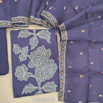 Purple kota unstitched salwar material, rich applique work on panel, embroidery on front (Thin, Lining Needed)matching spun cottonbottom, kota dupatta with embroidery work. OC263009