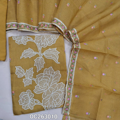 Mehandhi yellow kota unstitched salwar material, rich applique work on panel, embroidery on front (Thin, Lining Needed)matching spun cottonbottom, kota dupatta with embroidery work. OC263010