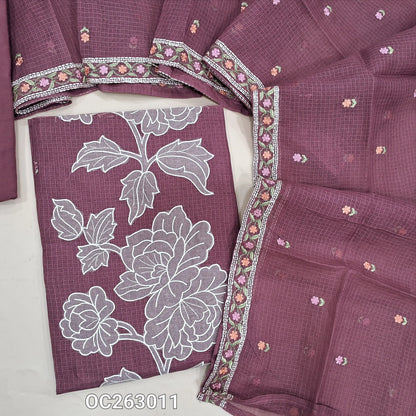 Dark pink kota unstitched salwar material, rich applique work on panel, embroidery on front (Thin, Lining Needed)matching spun cottonbottom, kota dupatta with embroidery work. OC263011