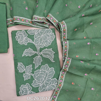 Pastel green kota unstitched salwar material, rich applique work on panel, embroidery on front (Thin, Lining Needed)matching spun cottonbottom, kota dupatta with embroidery work. OC263012