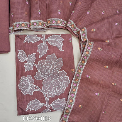 Dark onion pink kota unstitched salwar material, rich applique work on panel, embroidery on front (Thin, Lining Needed)matching spun cottonbottom, kota dupatta with embroidery work. OC263013