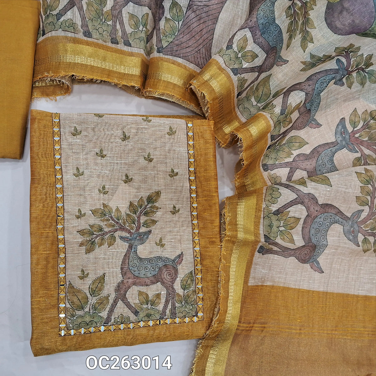Mehandhi yellow tissue silk cotton unstitched salwar material, digital printed, yoke with real mirror work (Thin, Lining Needed)matching santoon bottom, digital printed tissue silk cotton dupatta (TAPINGS NEEDED). OC263014