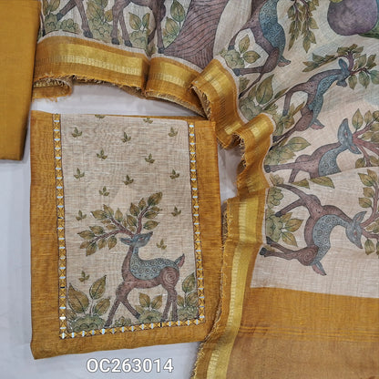 Mehandhi yellow tissue silk cotton unstitched salwar material, digital printed, yoke with real mirror work (Thin, Lining Needed)matching santoon bottom, digital printed tissue silk cotton dupatta (TAPINGS NEEDED). OC263014