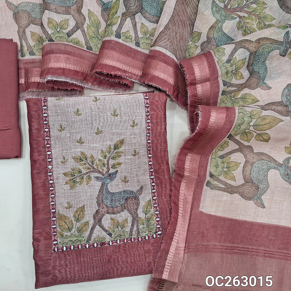 Dark pink tissue silk cotton unstitched salwar material, digital printed, yoke with real mirror work (Thin, Lining Needed)matching santoon bottom, digital printed tissue silk cotton dupatta (TAPINGS NEEDED). OC263015