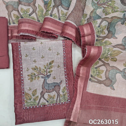 Dark pink tissue silk cotton unstitched salwar material, digital printed, yoke with real mirror work (Thin, Lining Needed)matching santoon bottom, digital printed tissue silk cotton dupatta (TAPINGS NEEDED). OC263015