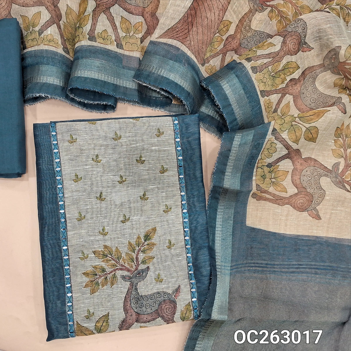 Dark teal blue tissue silk cotton unstitched salwar material, digital printed, yoke with real mirror work (Thin, Lining Needed)matching santoon bottom, digital printed tissue silk cotton dupatta (TAPINGS NEEDED). OC263017