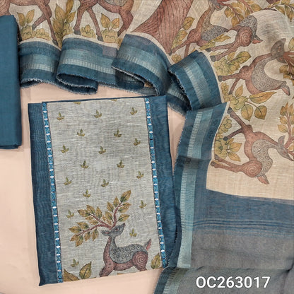 Dark teal blue tissue silk cotton unstitched salwar material, digital printed, yoke with real mirror work (Thin, Lining Needed)matching santoon bottom, digital printed tissue silk cotton dupatta (TAPINGS NEEDED). OC263017