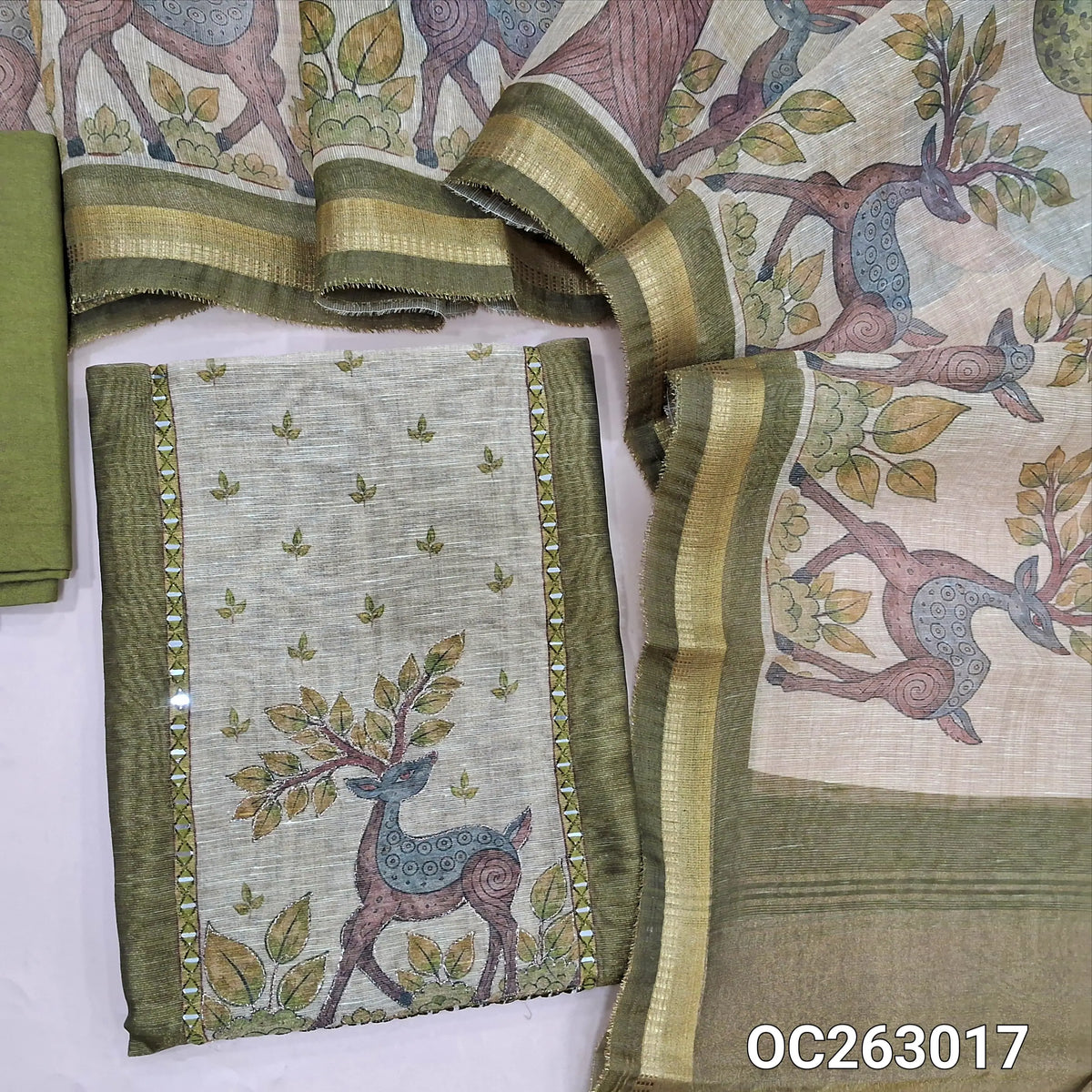 Dark olive green tissue silk cotton unstitched salwar material, digital printed, yoke with real mirror work (Thin, Lining Needed)matching santoon bottom, digital printed tissue silk cotton dupatta (TAPINGS NEEDED). OC263016