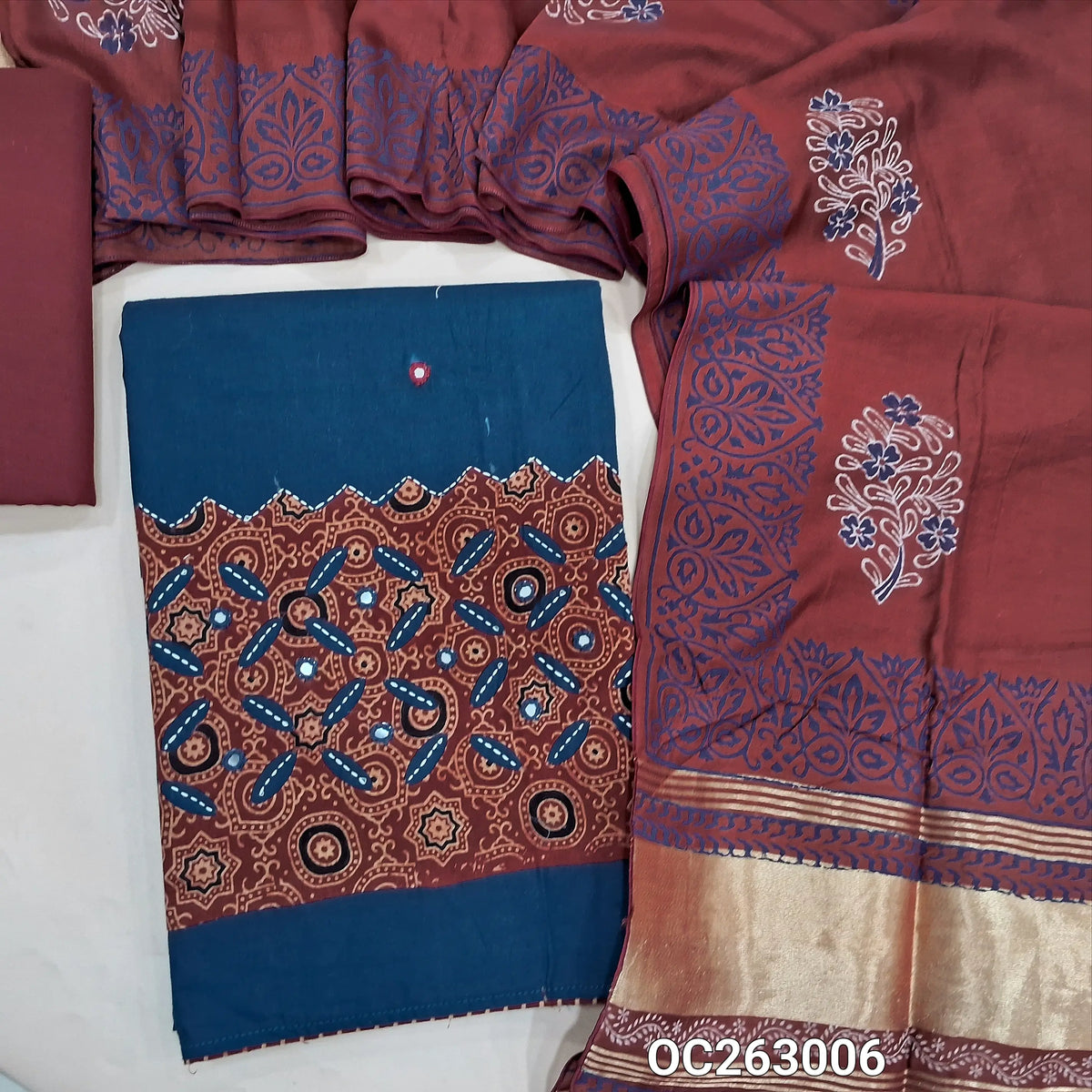 Teal blue and maroon soft cotton unstitched salwar material, applique work on front, contrast cotton bottom, block printed soft silk cotton dupatta. OC263006