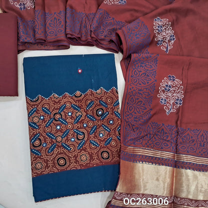 Teal blue and maroon soft cotton unstitched salwar material, applique work on front, contrast cotton bottom, block printed soft silk cotton dupatta. OC263006