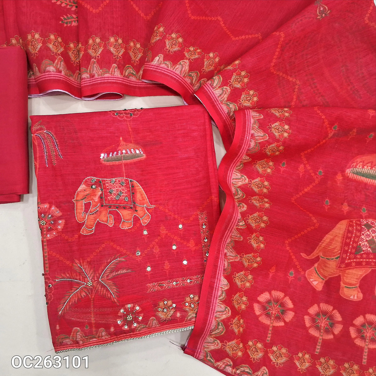 Designer bright peachish pink premium slub silk cotton unstitched salwar material, digital printed, bead and zardosi work on front (Lining Needed) matching santoon bottom, premium slub silk cotton dupatta. OC263101