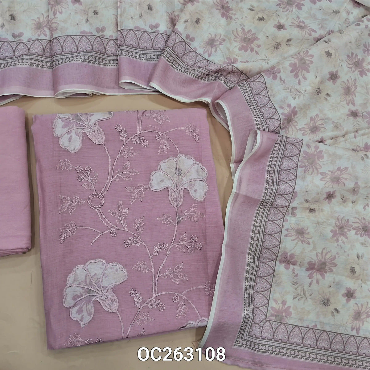 Pastel pink mul chanderi unstitched salwar material, applique work on panel, embroidery on front (Thin, Soft, Lining Needed) matching santoon bottom, silk cotton digital printed dupatta. OC263108