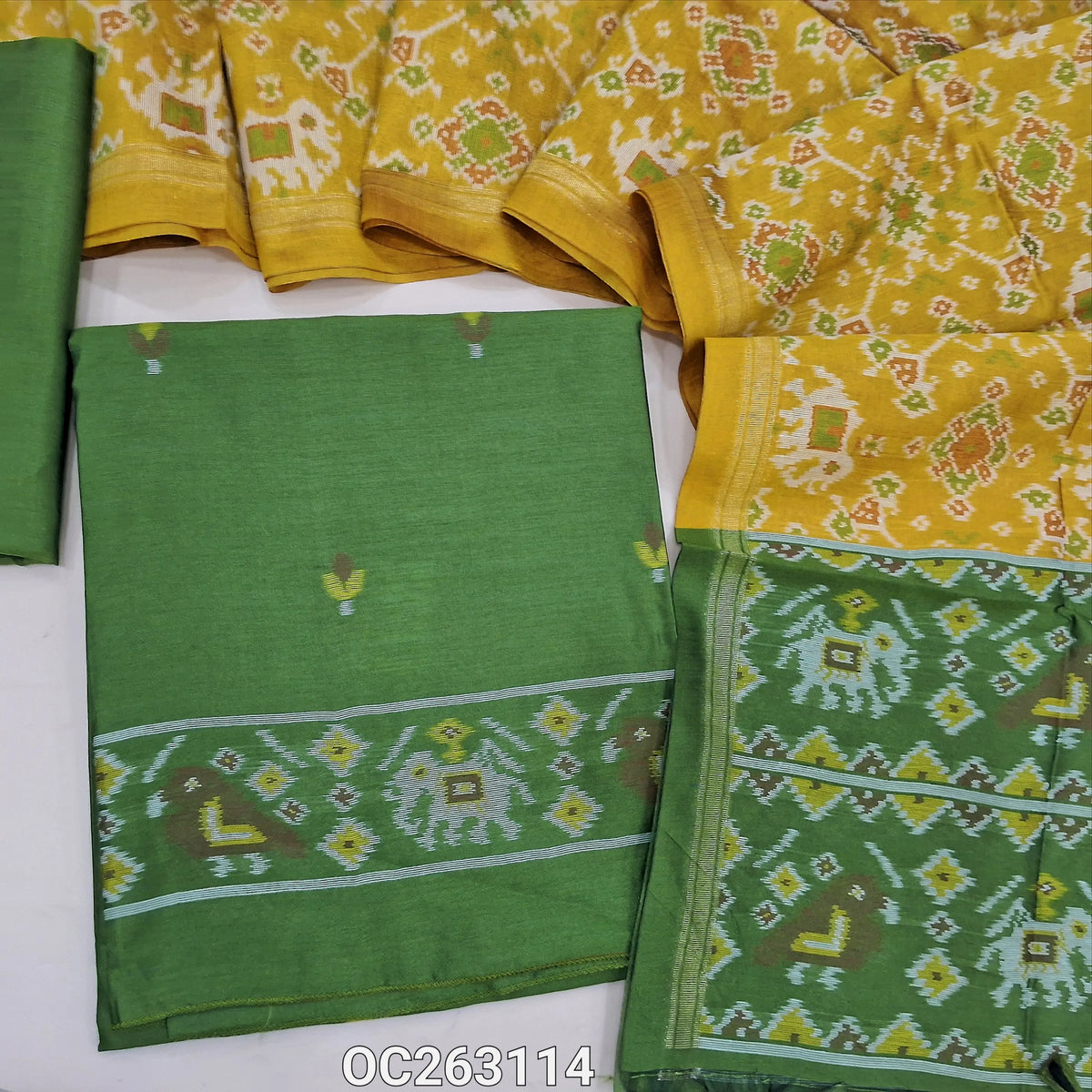 Leafy green premium silk cotton unstitched salwar material,floral buttas on front,patola weaving on daman,(lining needed)silk cotton bottom, mehandhi yellow patola weaving on full length silk cotton dupatta with contrast pallu and tassels. OC263114