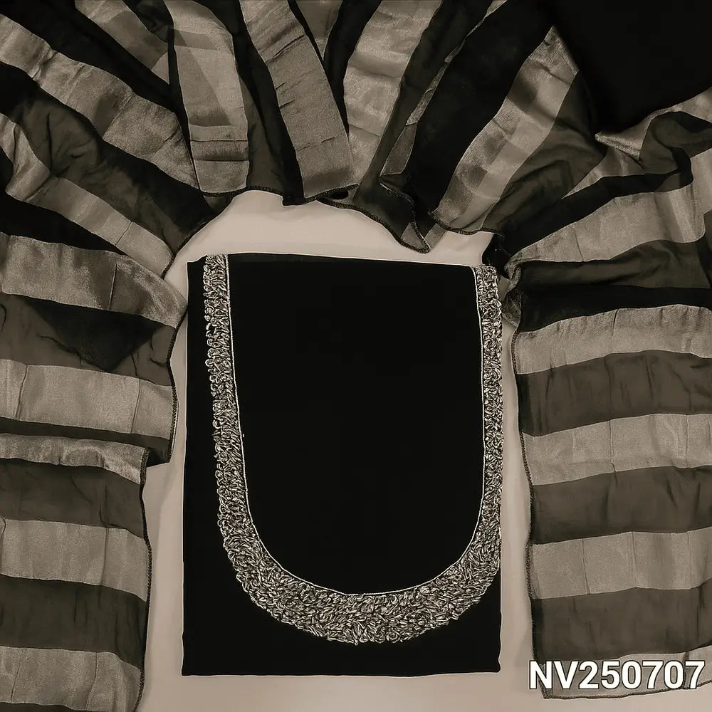 Black soft silk cotton unstitched salwar material (Lining needed) cut, sugar bead, sequins on yoke, matching silky bottom, tissue lines silk cotton dupatta. NV250719