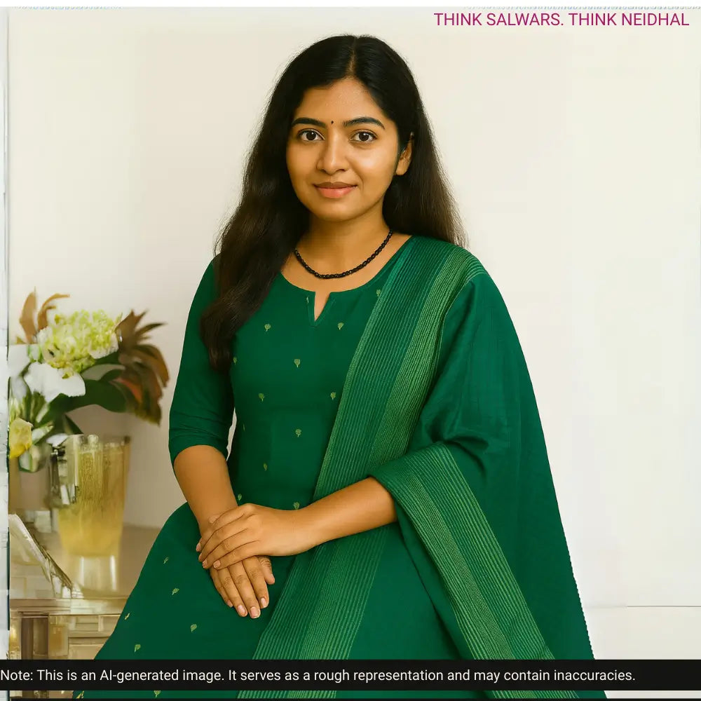 Turquoise green south handloom cotton unstitched salwar material, thread woven buttas all over(lining needed)vertical printed south handloom cotton bottom, self checkered handloom cotton dupatta. CODE AG252808