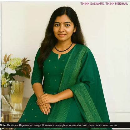 Turquoise green south handloom cotton unstitched salwar material, thread woven buttas all over(lining needed)vertical printed south handloom cotton bottom, self checkered handloom cotton dupatta. CODE AG252808