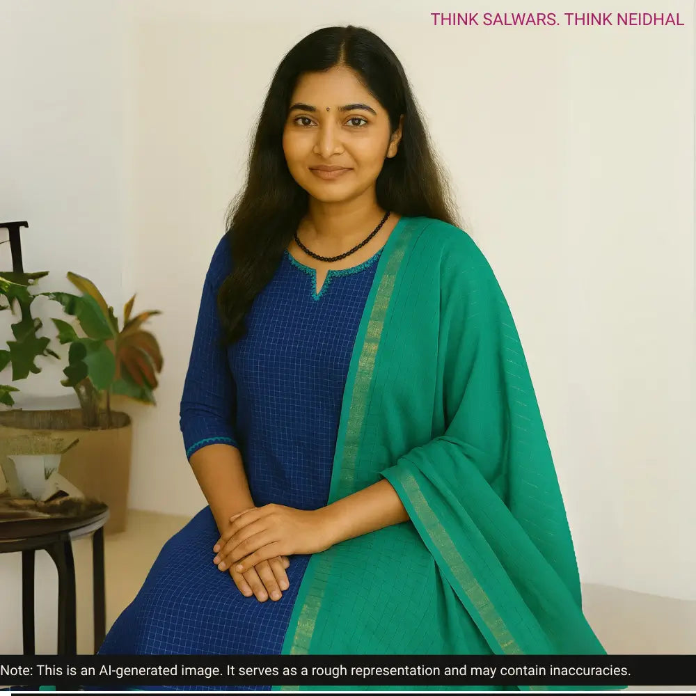 Ink blue south handloom cotton unstitched salwar material(lining needed)turquoise green handloom cotton bottom, self checkered handloom cotton dupatta with zari borders. CODE AG252906