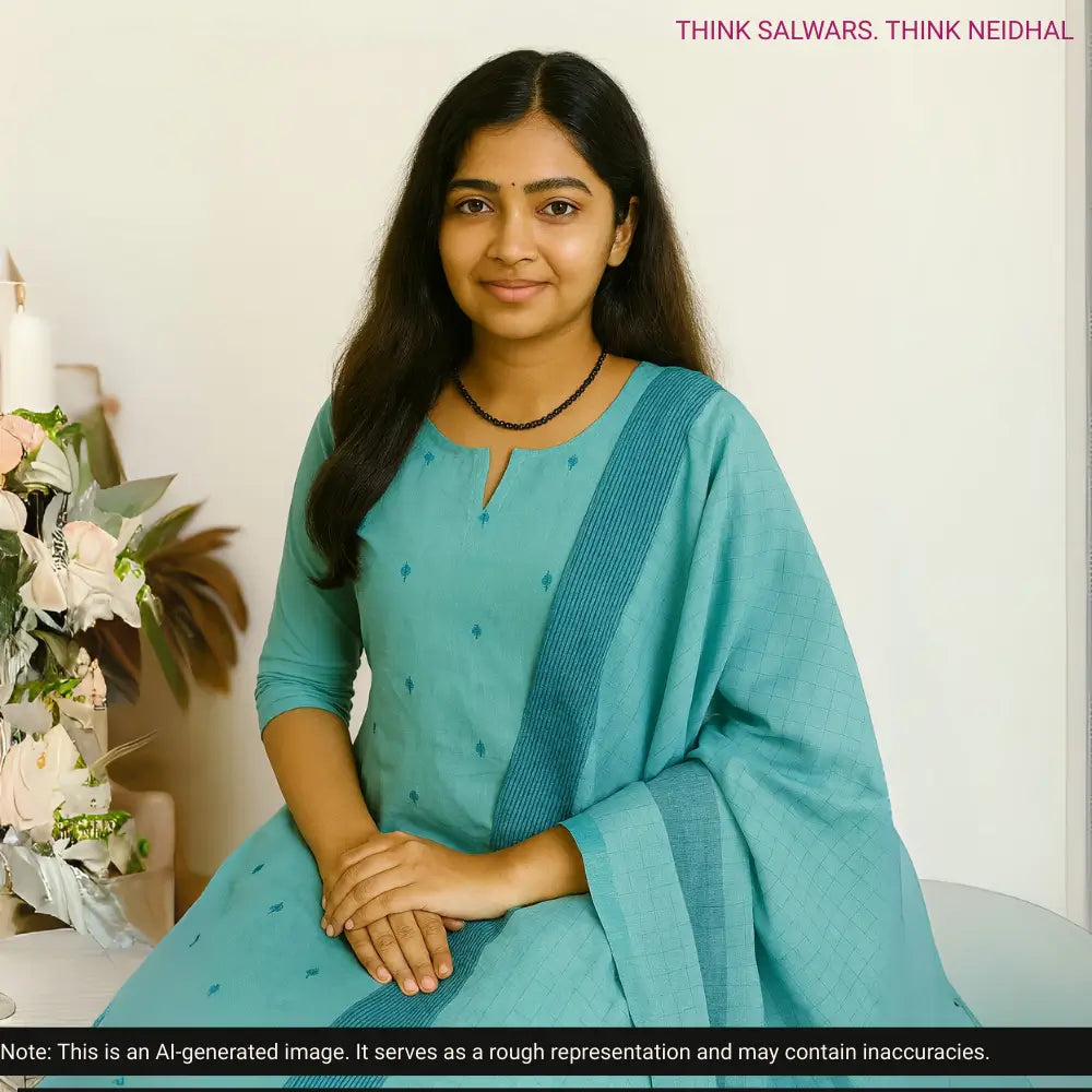 Pastel blue south handloom cotton unstitched salwar material, thread woven buttas all over(lining needed)vertical printed south handloom cotton bottom, self checkered handloom cotton dupatta. CODE AG252805