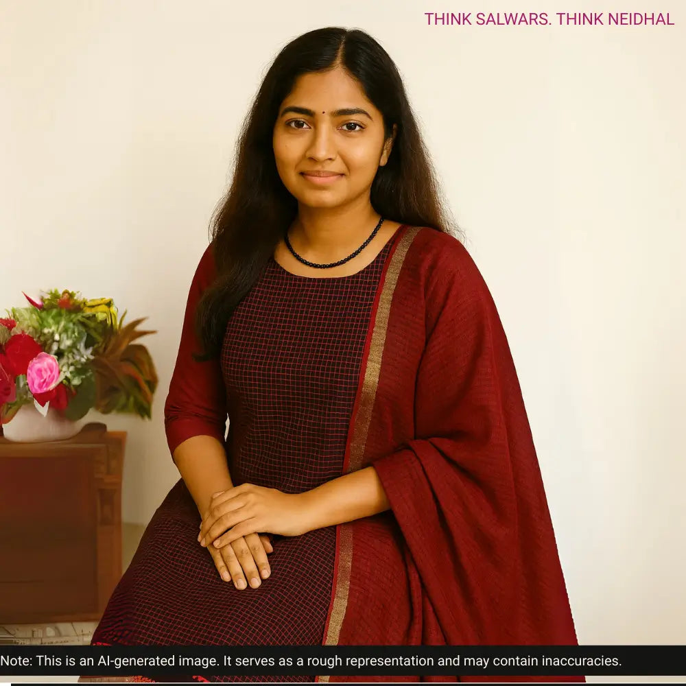 Black south handloom cotton unstitched salwar material(lining needed)maroon handloom cotton bottom, self checkered handloom cotton dupatta with zari borders. CODE AG252905