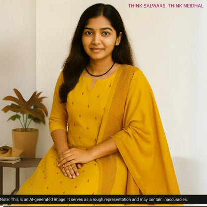 Mango yellow south handloom cotton unstitched salwar material, thread woven buttas all over(lining needed)vertical printed south handloom cotton bottom, self checkered handloom cotton dupatta. CODE AG252807