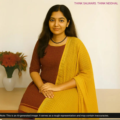 Maroon south handloom cotton unstitched salwar material(lining needed)mehandhi yellow handloom cotton bottom, self checkered handloom cotton dupatta with zari borders. CODE AG252907