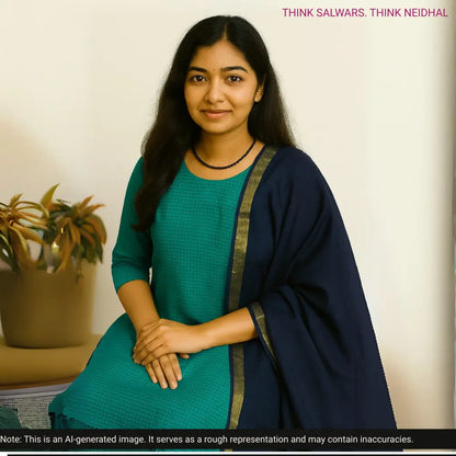 Turquoise green south handloom cotton unstitched salwar material(lining needed)navy blue handloom cotton bottom, self checkered handloom cotton dupatta with zari borders. CODE AG252908