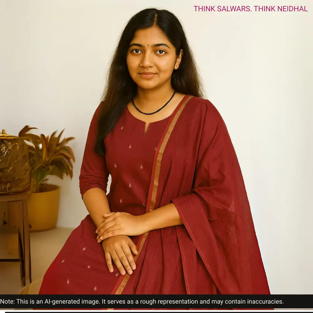 Dark maroon south handloom cotton unstitched salwar material, thread woven buttas all over(lining needed)vertical printed south handloom cotton bottom, self checkered handloom cotton dupatta. CODE AG252806