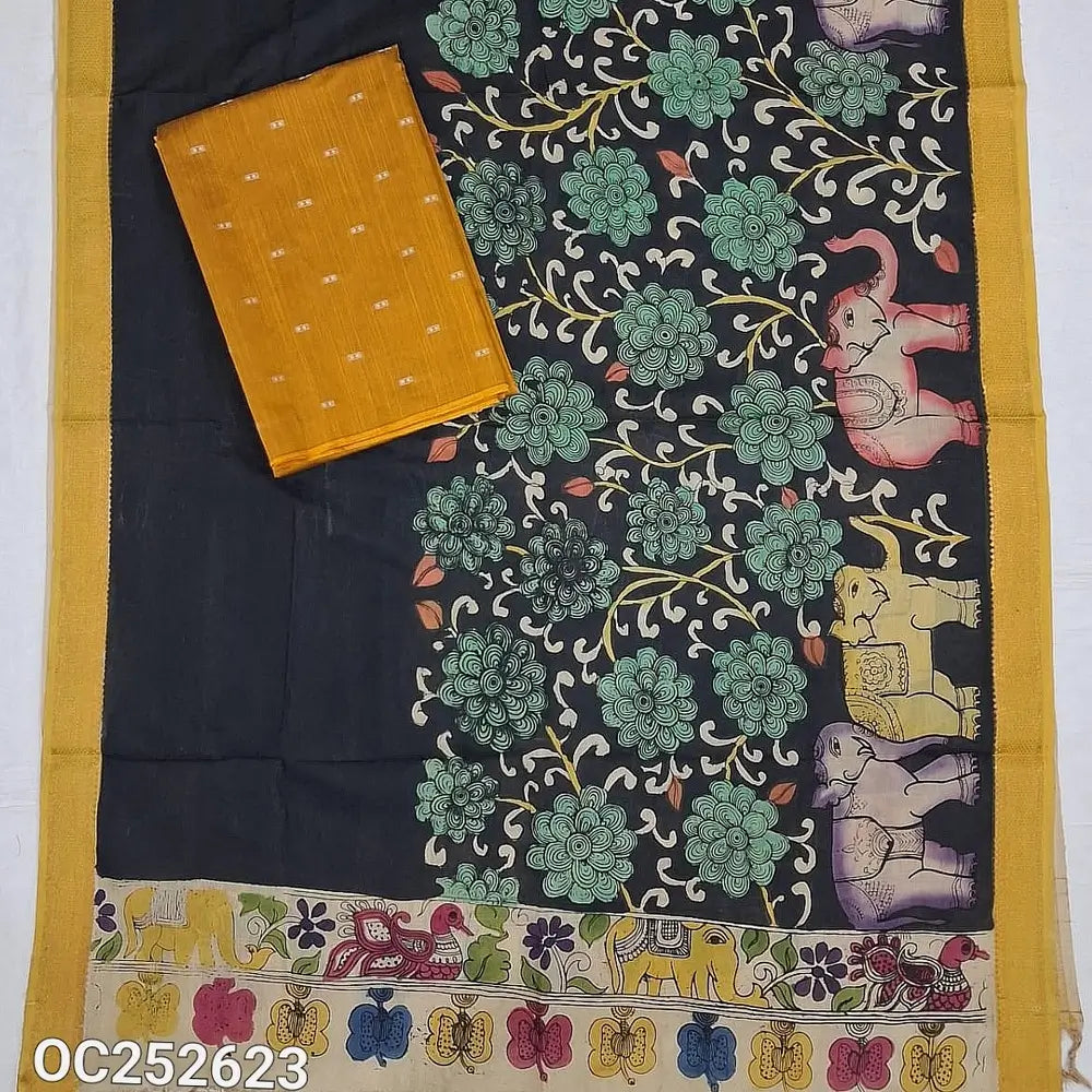 Fenugreek yellow premium raw silk unstitched salwar material (textured, Lining Needed) thread woven buttas allover, silver grey silk cotton bottom, original pen kalamkari silk dupatta with zari borders. OC252623