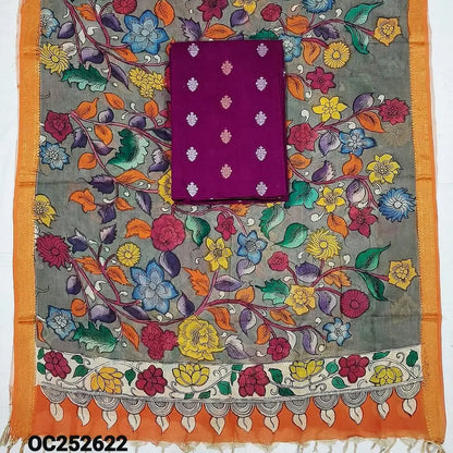 Dark Beetroot Purple premium raw silk unstitched salwar material (textured, Lining Needed) thread woven buttas allover, silver grey silk cotton bottom, original pen kalamkari silk dupatta with zari borders. OC252622
