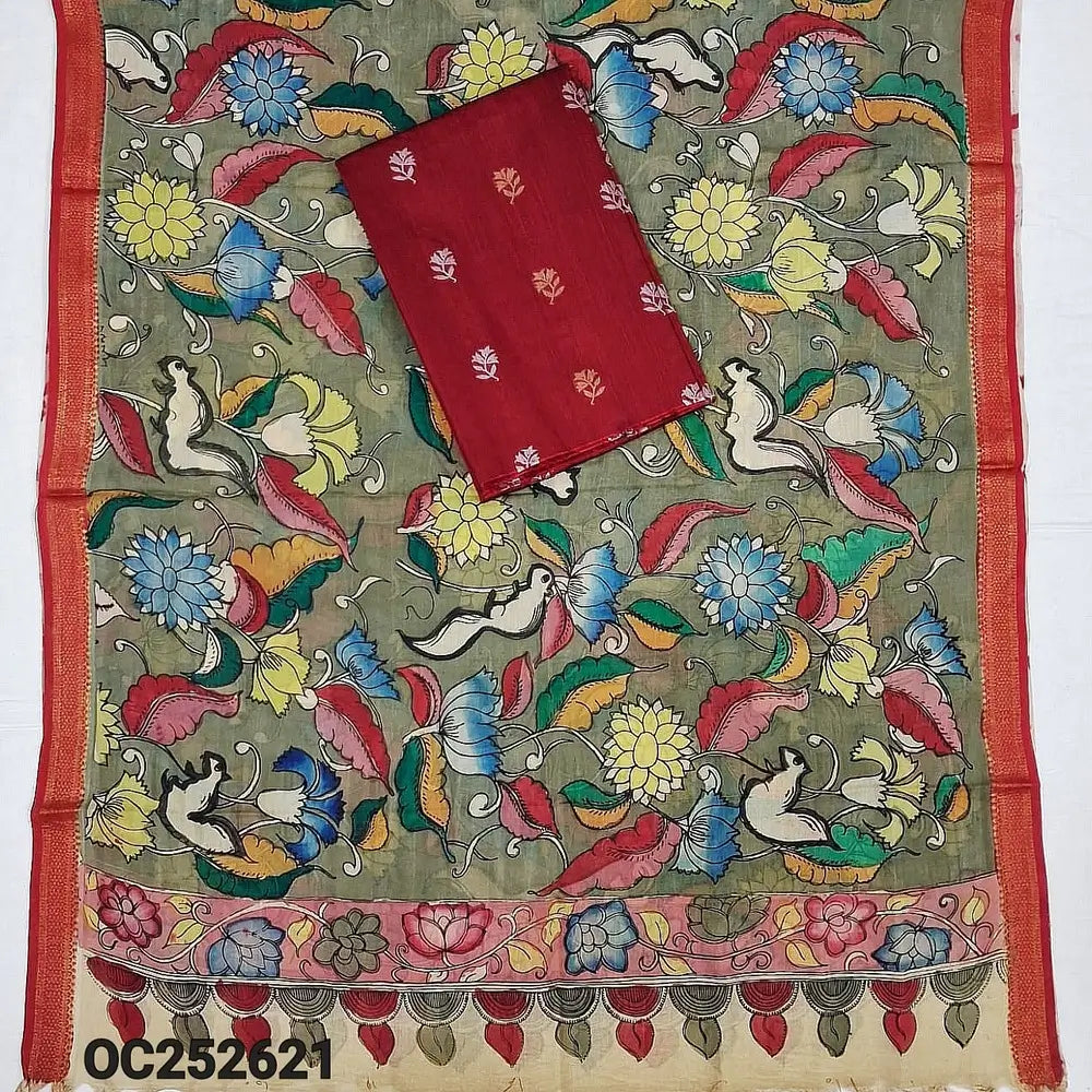 Reddish maroon premium raw silk unstitched salwar material (textured, Lining Needed) thread woven buttas allover, silver grey silk cotton bottom, original pen kalamkari silk dupatta with zari borders. OC252621