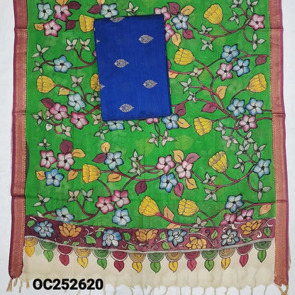 Royal blue purple premium raw silk unstitched salwar material (textured, Lining Needed) thread woven buttas allover, silver grey silk cotton bottom, original pen kalamkari silk dupatta with zari borders. OC252620