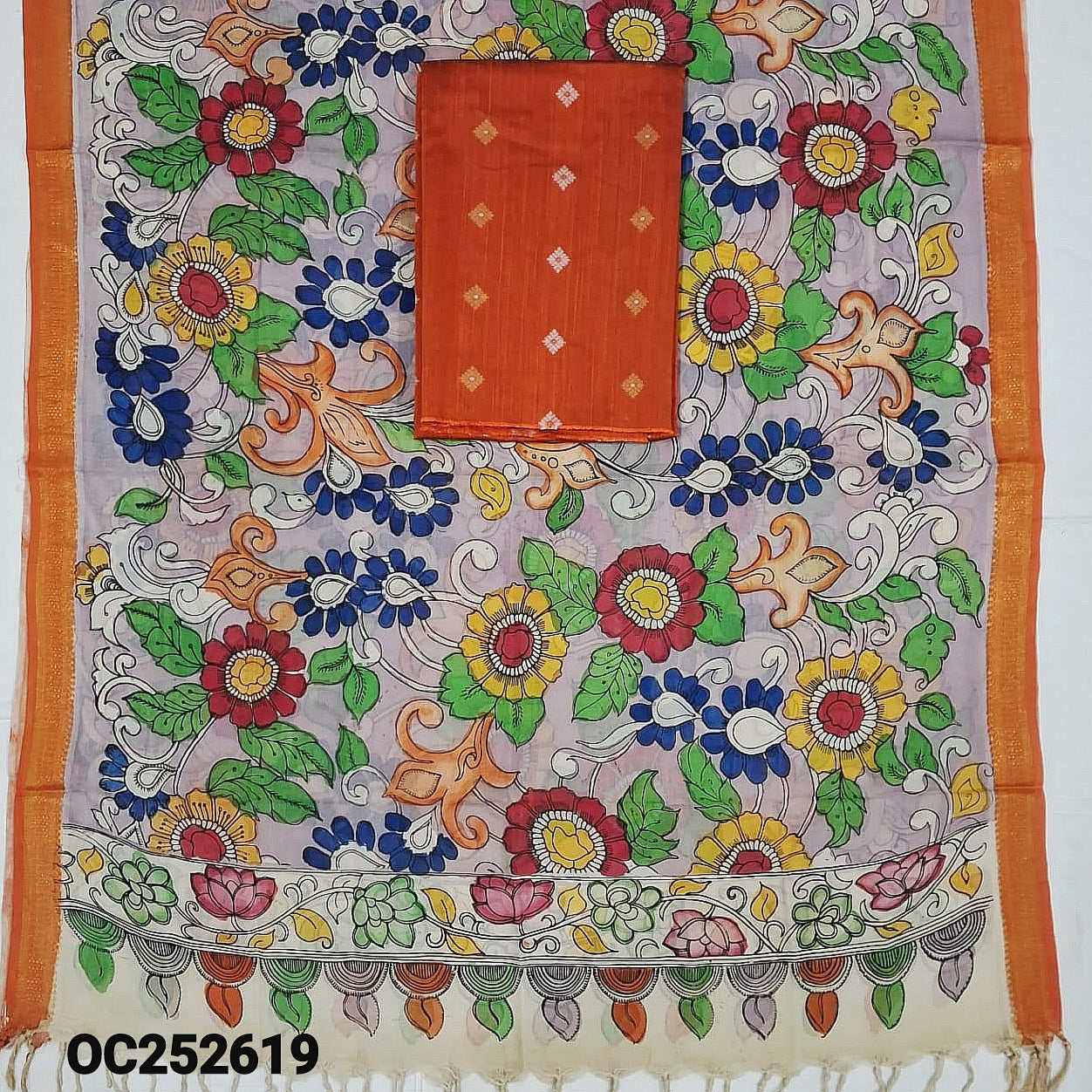 Rust Orange premium raw silk unstitched salwar material (textured, Lining Needed) thread woven buttas allover, silver grey silk cotton bottom, original pen kalamkari silk dupatta with zari borders. OC252619