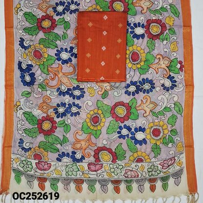 Rust Orange premium raw silk unstitched salwar material (textured, Lining Needed) thread woven buttas allover, silver grey silk cotton bottom, original pen kalamkari silk dupatta with zari borders. OC252619