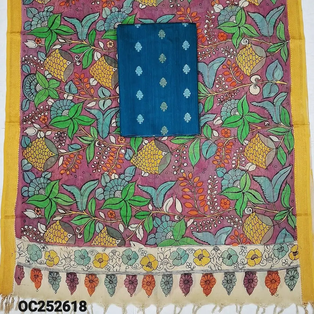 Teal blue premium raw silk unstitched salwar material (textured, Lining Needed) thread woven buttas allover, silver grey silk cotton bottom, original pen kalamkari silk dupatta with zari borders. OC252618