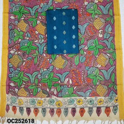 Teal blue premium raw silk unstitched salwar material (textured, Lining Needed) thread woven buttas allover, silver grey silk cotton bottom, original pen kalamkari silk dupatta with zari borders. OC252618