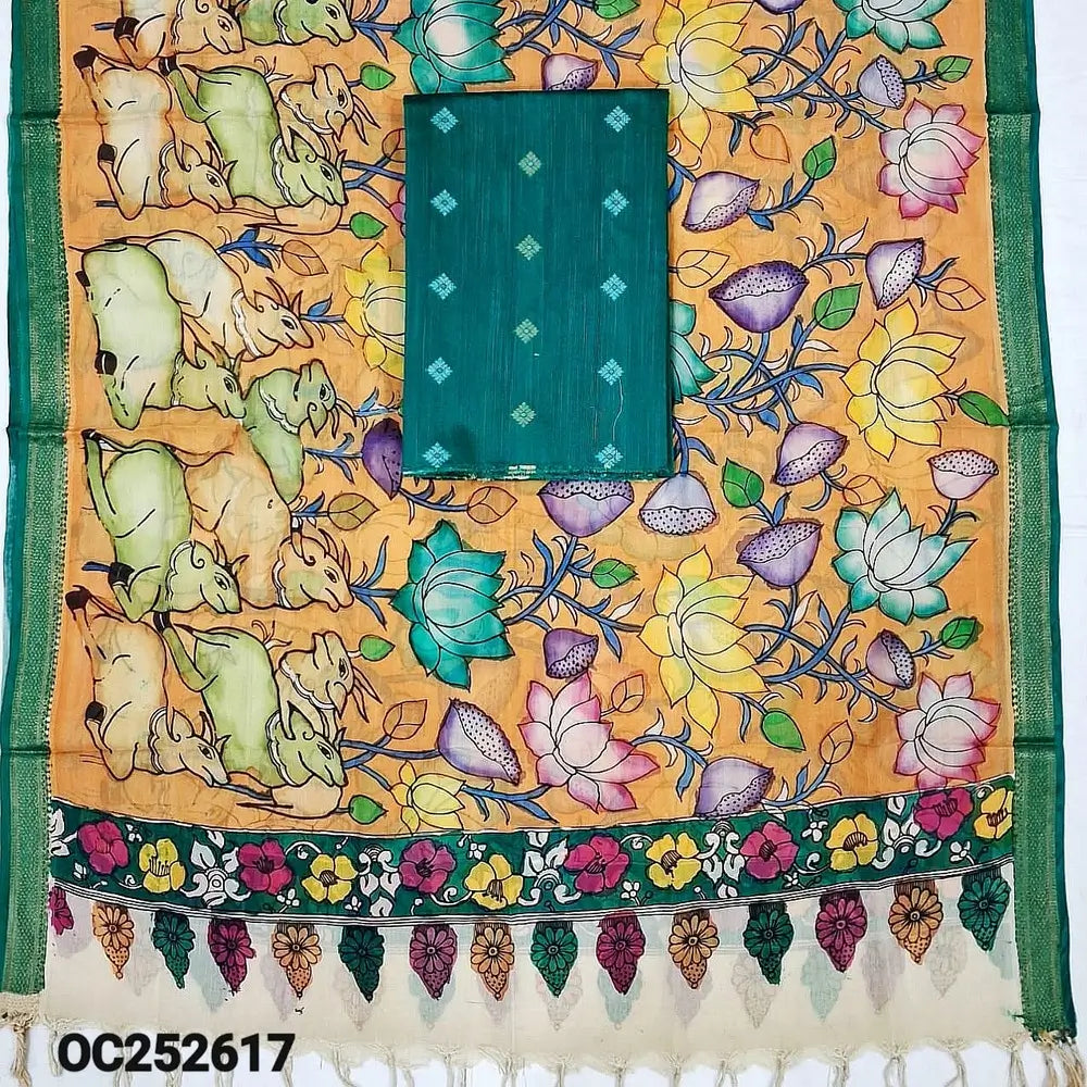 Teal Green premium raw silk unstitched salwar material (textured, Lining Needed) thread woven buttas allover, silver grey silk cotton bottom, original pen kalamkari silk dupatta with zari borders. OC252617