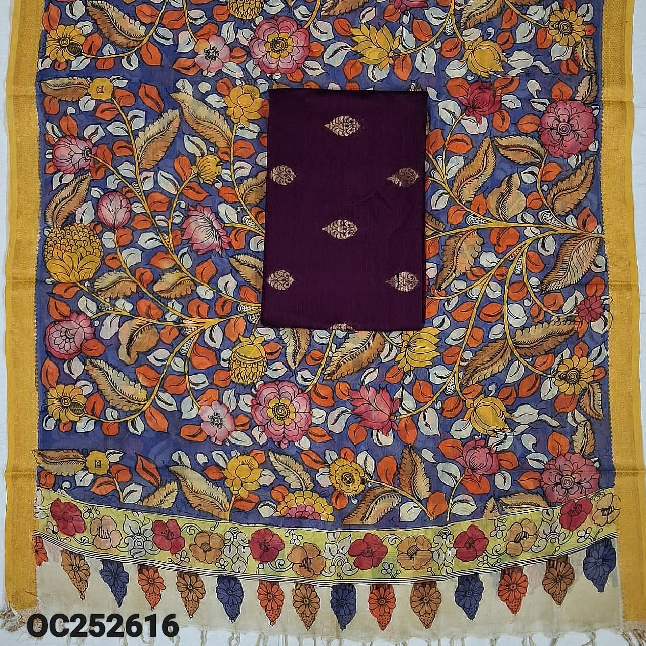 Deep wine purple premium raw silk unstitched salwar material (textured, Lining Needed) thread woven buttas allover, silver grey silk cotton bottom, original pen kalamkari silk dupatta with zari borders. OC252616