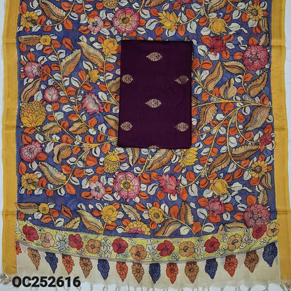 Deep wine purple premium raw silk unstitched salwar material (textured, Lining Needed) thread woven buttas allover, silver grey silk cotton bottom, original pen kalamkari silk dupatta with zari borders. OC252616