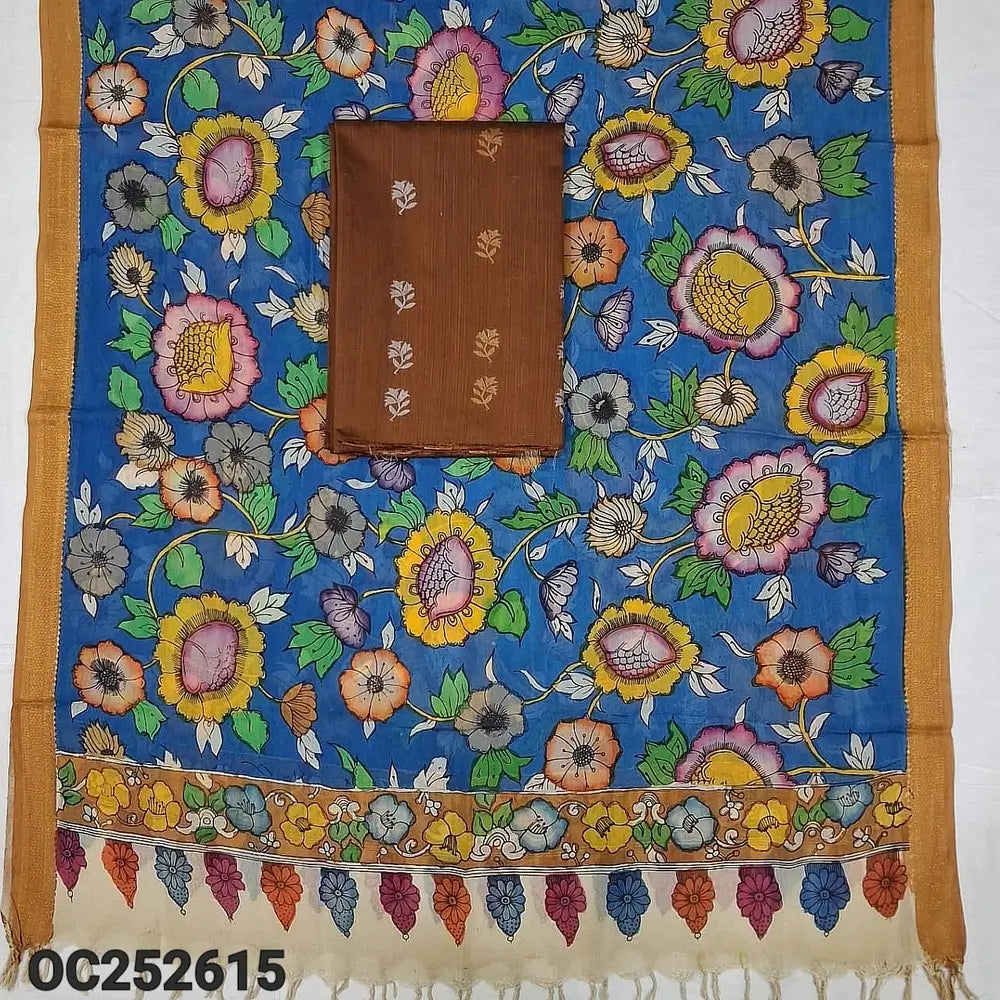 Brown premium raw silk unstitched salwar material (textured, Lining Needed) thread woven buttas allover, silver grey silk cotton bottom, original pen kalamkari silk dupatta with zari borders. OC252615