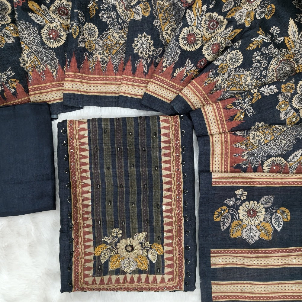 Digital printed Black Premium tussar silk unstitched salwar material(thin, lining needed) embroidery work on yoke, matching santoon bottom, digital floral printed, sequence work on tussar silk dupatta. OC252108