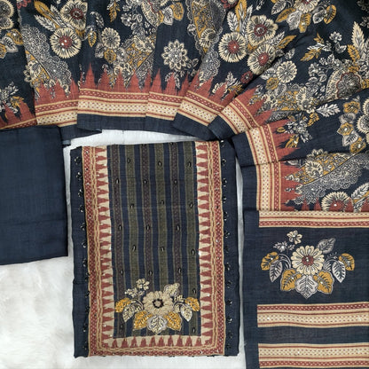 Digital printed Black Premium tussar silk unstitched salwar material(thin, lining needed) embroidery work on yoke, matching santoon bottom, digital floral printed, sequence work on tussar silk dupatta. OC252108
