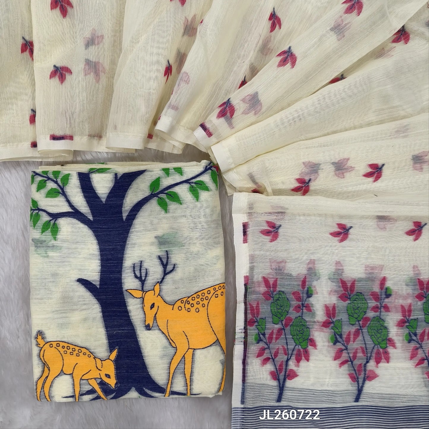 Half White Fancy slub silk cotton unstitched salwar material, thread weaving all over (Thin, Textured, Lining Needed) NO BOTTOM, Thread woven slub silk cotton full length dupatta (TAPINGS NEEDED). JL260722