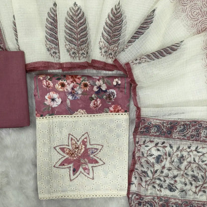 Onion pink floral printed premium satin cotton unstitched salwar material, rich daman with schiffli& applique work(lining needed)matching drum dyed cotton lining provided, NO BOTTOM, block printed fancy kota dupatta(tapings needed). CODE MR252003