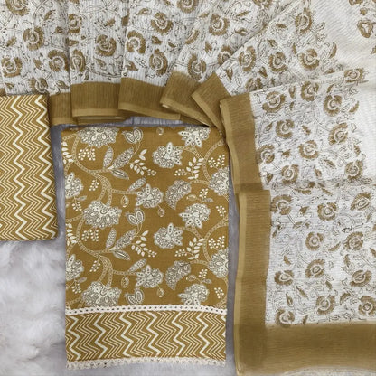 Light mehandhi yellow floral printed soft cotton unstitched salwar material, lace work on daman(lining optional)zigzag printed cotton bottom, block printed fancy super net dupatta(REQUIRES TAPINGS). CODE MY250722