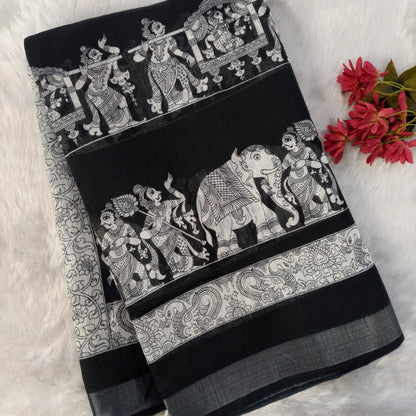 Black & white digital printed semi linen saree(lightweight,soft)with double side silver tissue borders, printed pallu and printed blouse with borders. NS116