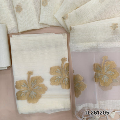 Designer off white jamdani woven premium tussar unstitched salwar material,(textured,lining needed)jamdani weaving on organza daman, silk cotton bottom, jamdani woven on tussar dupatta with organza pallu and tassels. JL261205