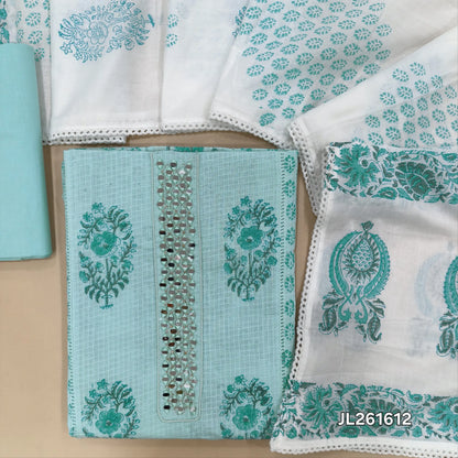 Pastel blue block printed kota cotton unstitched salwar material, real mirror work on yoke,panel design (lining needed)cotton bottom,block printed mul cotton dupatta with lace tapping. JL261612